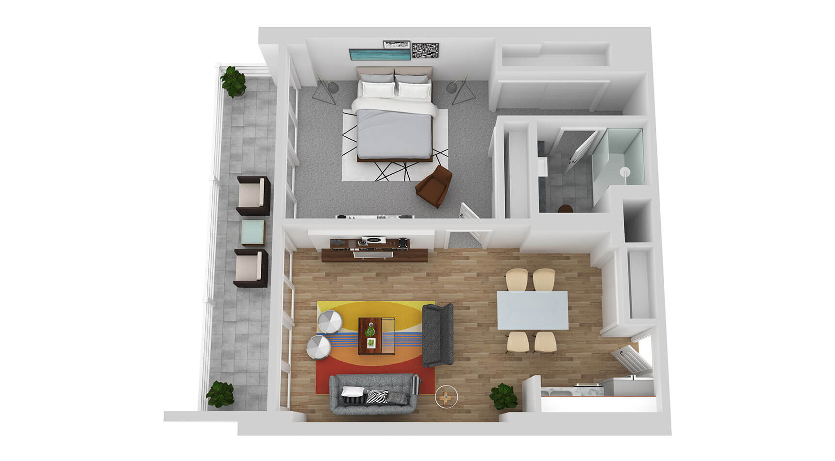 Typical Large One Bedroom Floor Plan Rendering
